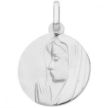 Médaille ronde Vierge mains jointes 16 mm (or blanc 375°)  par Berceau magique bijoux