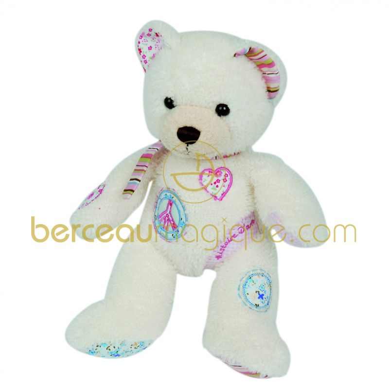 Doudou Ours Peace & Love blanc et rose (24 cm) Histoire d'Ours