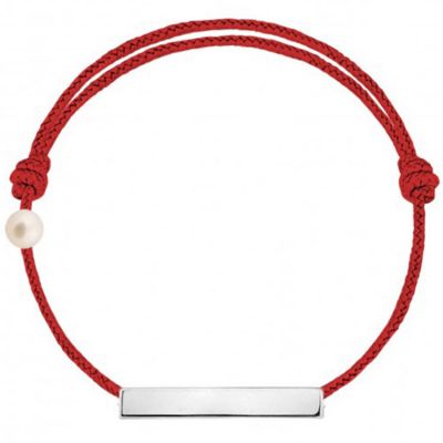 Bracelet cordon Plaque et perle rouge (or blanc 750°)
