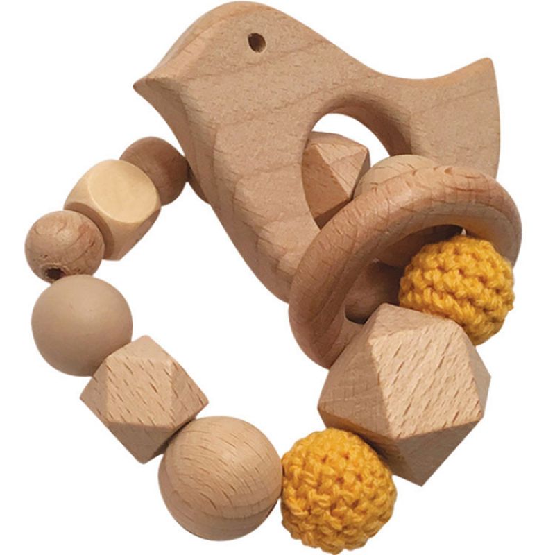 Anneau de dentition en bois Oiseau moutarde et beige Tata Lucette