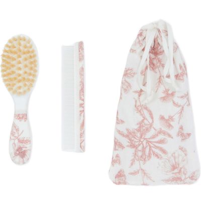 Brosse et peigne imprimé inspiration Toile de Jouy rose