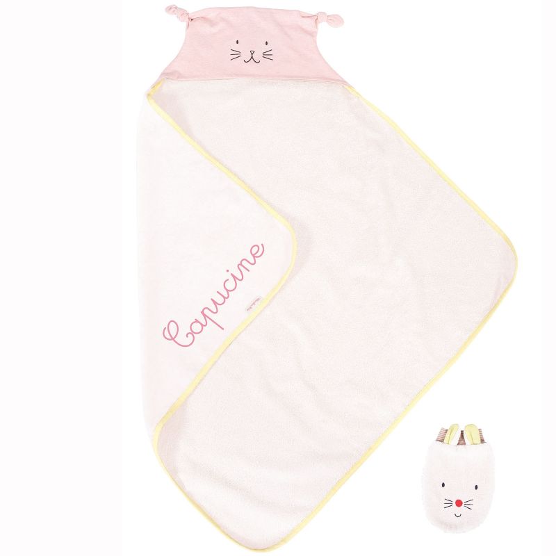 Cape de bain + gant Les Petits dodos personnalisable rose (80 x 80 cm) Moulin Roty