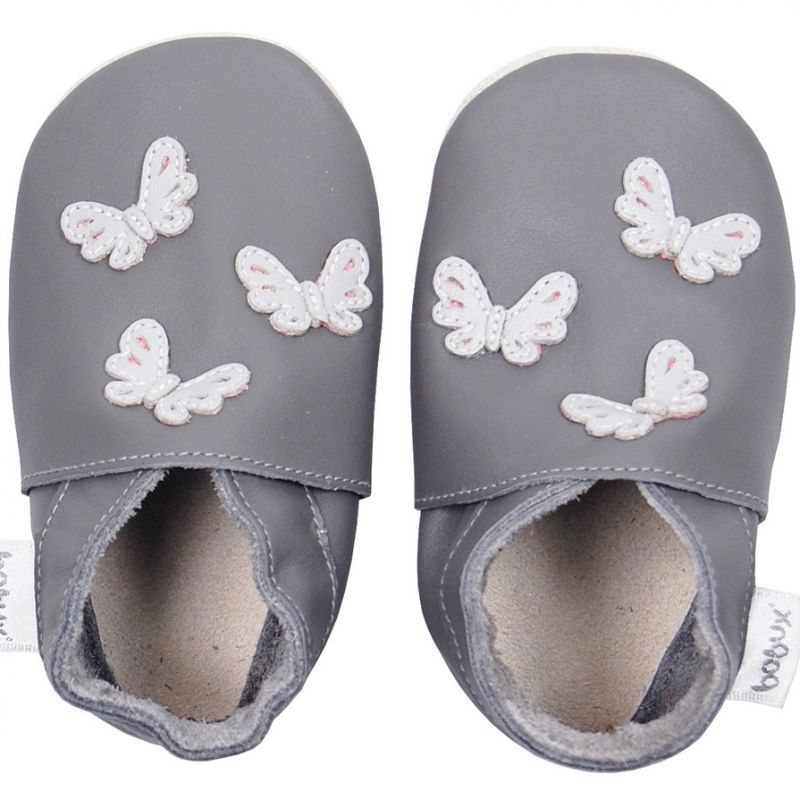 Chaussons en cuir Soft soles papillons gris (9-15 mois) Bobux