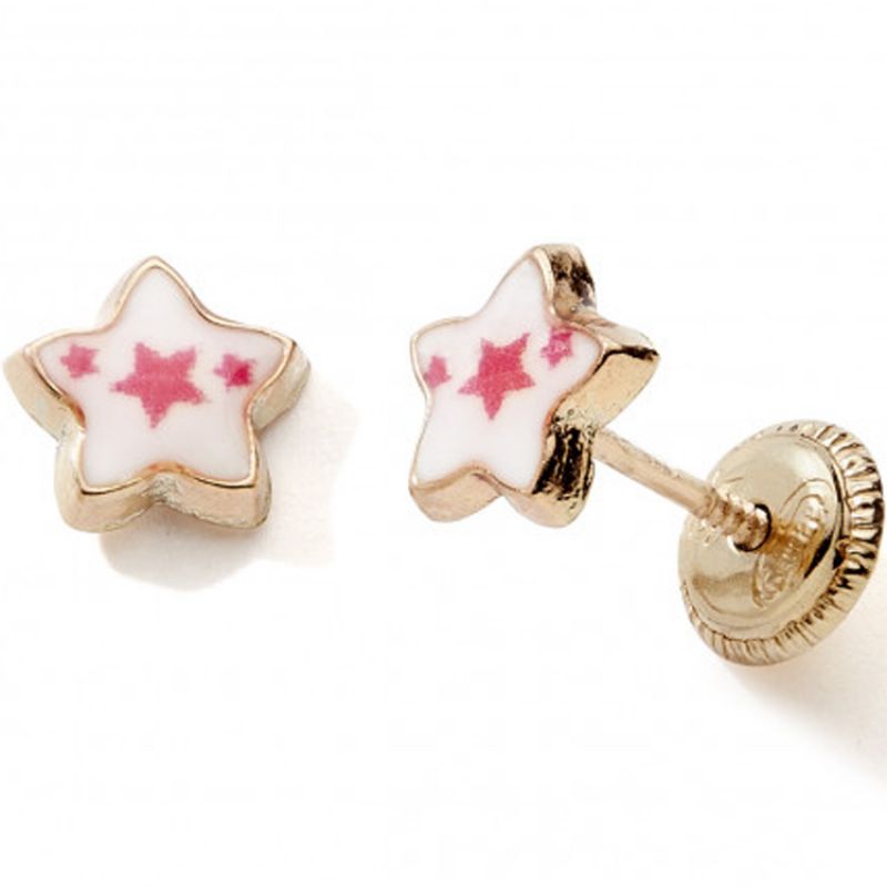 Boucles d'oreilles Etoile blanc et rose (or jaune 375°) Baby bijoux