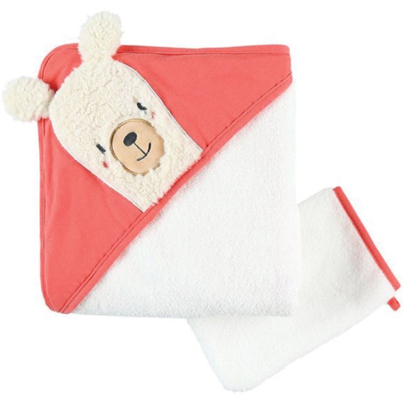 Cape de bain + gant corail lama Sacha (75 x 75 cm) Noukie's