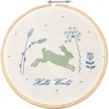 Cercle en bois et coton bio lapin bleu Hello World  par Taftan