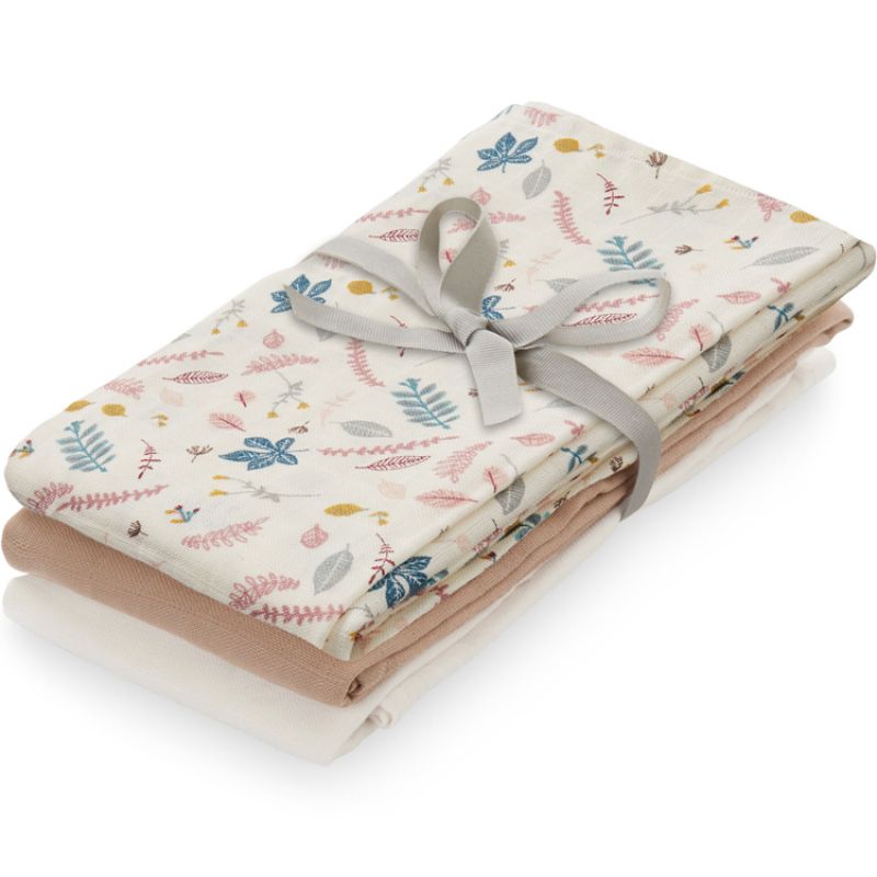 Lot de 3 langes en coton bio Pressed Leaves rose (70 x 70 cm) Cam Cam Copenhagen