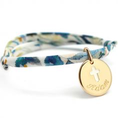 Bracelet cordon liberty médaille Croix ivoire plaqué or (personnalisable)