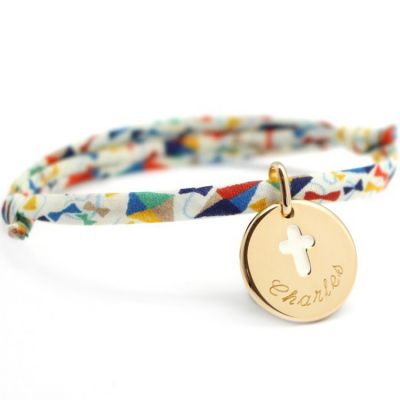 Bracelet cordon liberty médaille Croix ivoire plaqué or (personnalisable) Petits trésors