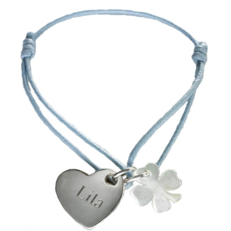 Bracelet cordon Kids coeur et trèfle (argent 925° et nacre) Petits trésors