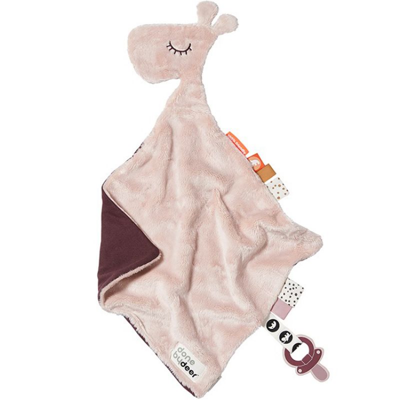 Doudou plat attache sucette Raffi la girafe rose (30 cm) Done by Deer Produit 1 grande taille