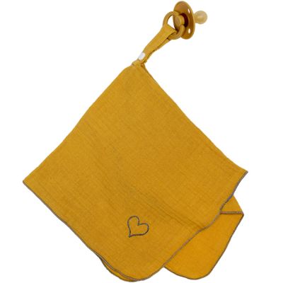 Doudou attache sucette en mousseline jaune moutarde BB & Co
