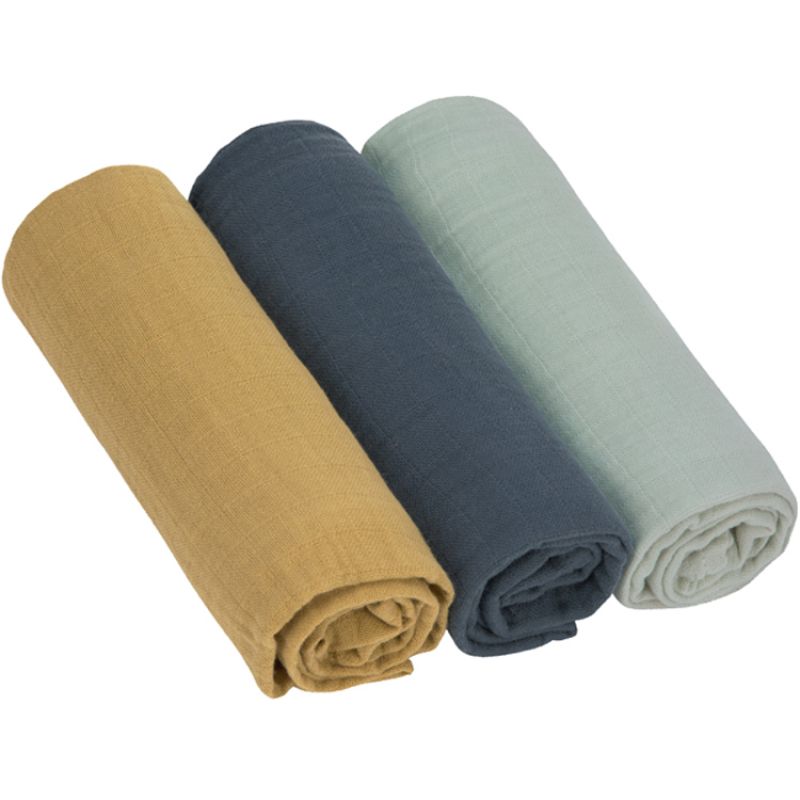 Lot de 3 langes en mousseline de coton bleu (85 x 85 cm) Lässig