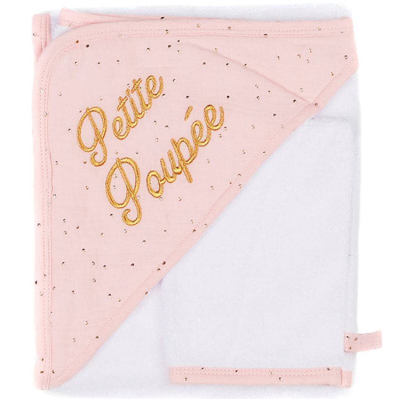 Cape de bain + gant Petite poupée rose à pois dorés (70 x 70 cm) BB & Co