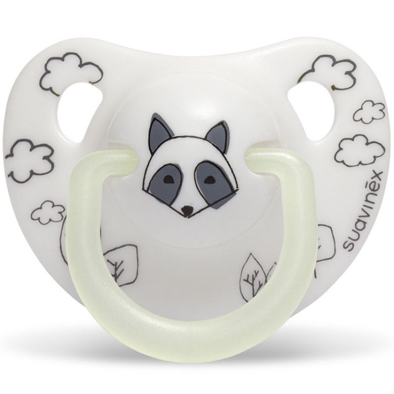 Sucette physiologique Night & Day Raton laveur blanc et gris en silicone (0-6 mois) Suavinex