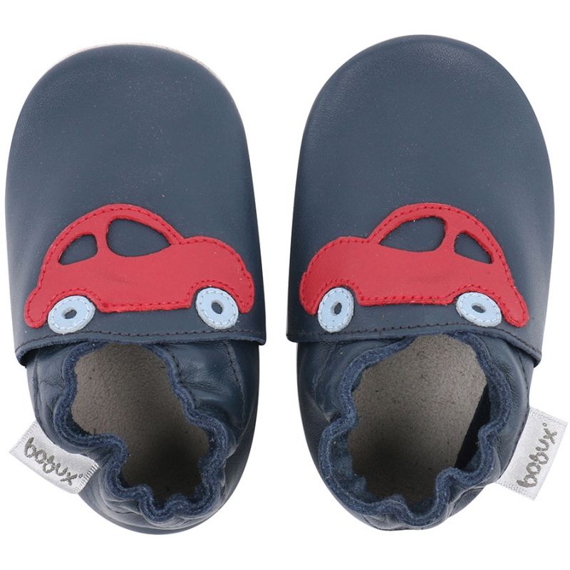 Chaussons en cuir Soft soles bleu marine voiture rouge (15-21 mois) Bobux