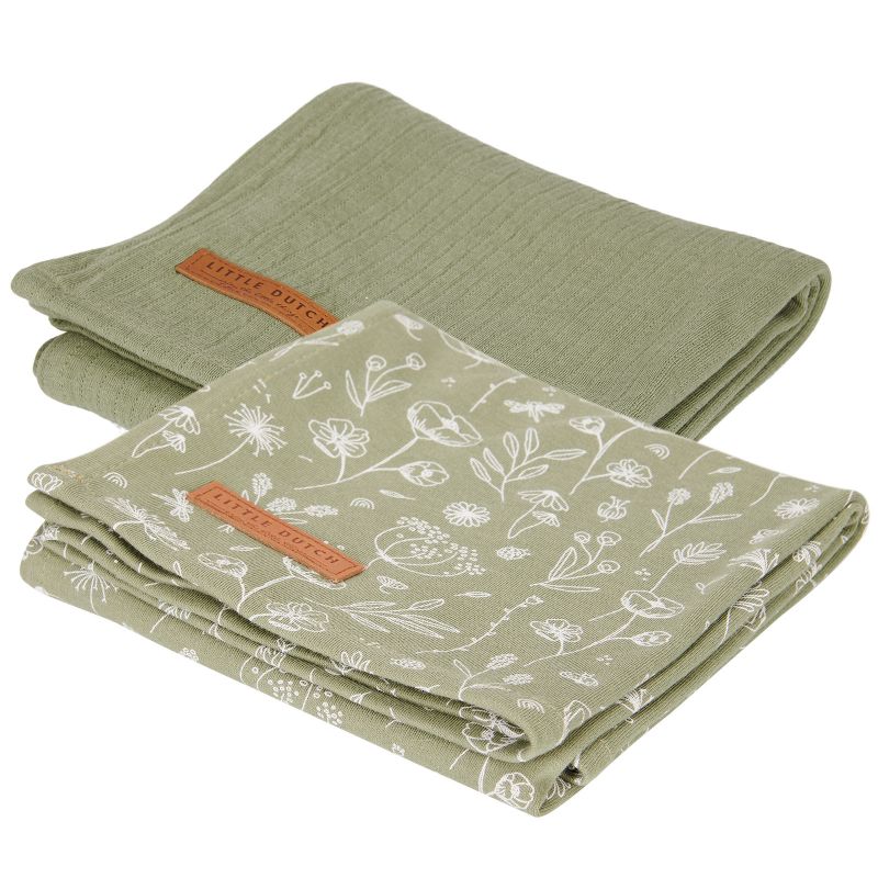 Lot de 2 langes en coton Wild Flowers olive (70 x 70 cm) Little Dutch