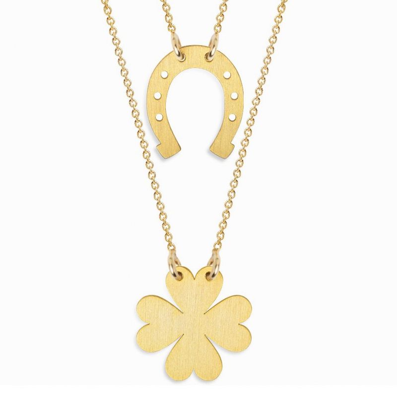Double collier chaîne 60 cm pendentif Twin trèfle et fer à cheval (vermeil doré) Coquine