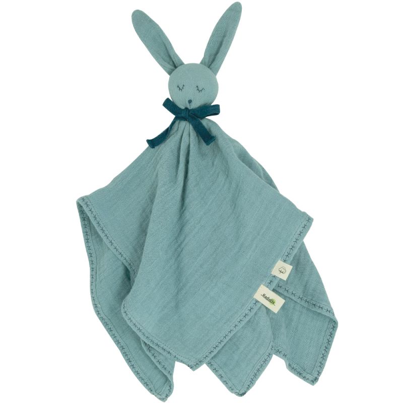 Doudou plat en coton bio Lapin bleu-vert Kadolis
