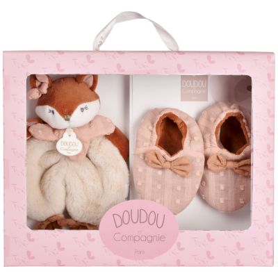 Coffret Doudou et chaussons Mina marron (0-6 mois) Doudou et Compagnie