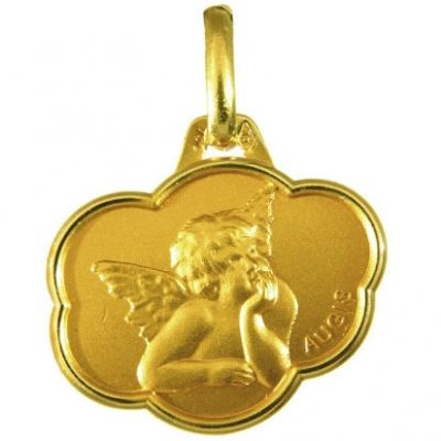 Médaille forme nuage Ange de Raphaël 16 mm satinée (or jaune 750°)