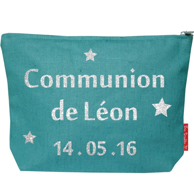 Pochette baptême ou communion bleu canard (personnalisable) Les Griottes