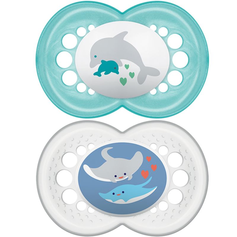 Lot de 2 sucettes anatomiques Original dauphin et raie en silicone (6 mois et +) MAM