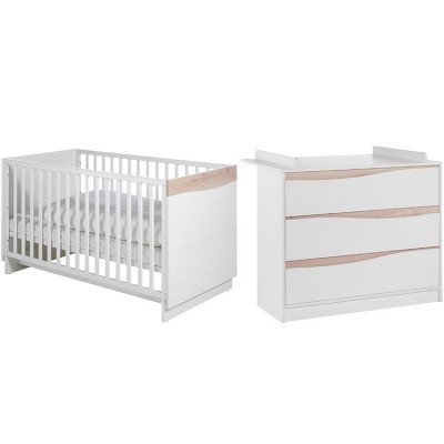 Pack duo lit bébé et commode Wave blanc et naturel Geuther