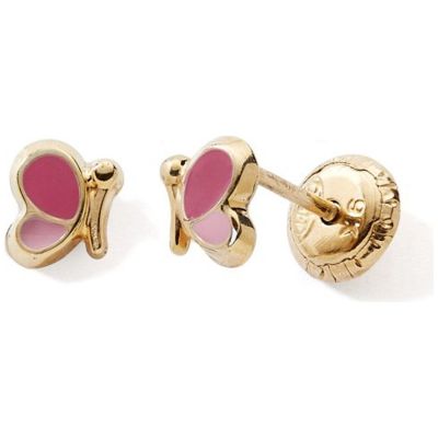 Boucles d'oreilles à vis Papillon Rose-Fushia (or jaune 375°)