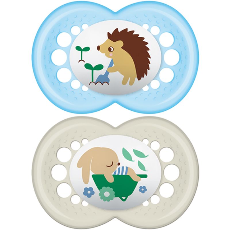 Lot de 2 sucettes anatomiques Original hérisson et lapin en silicone (6 mois et +) MAM