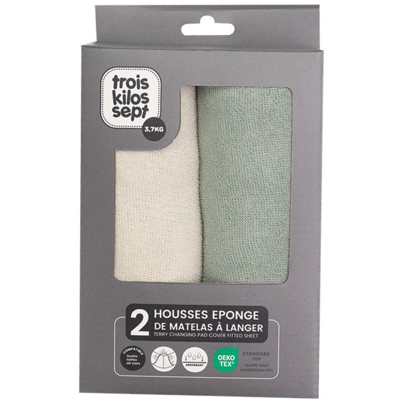 Lot de 2 housses de matelas à langer Ecru-Olive (70 x 50 cm) Trois Kilos Sept Produit 1