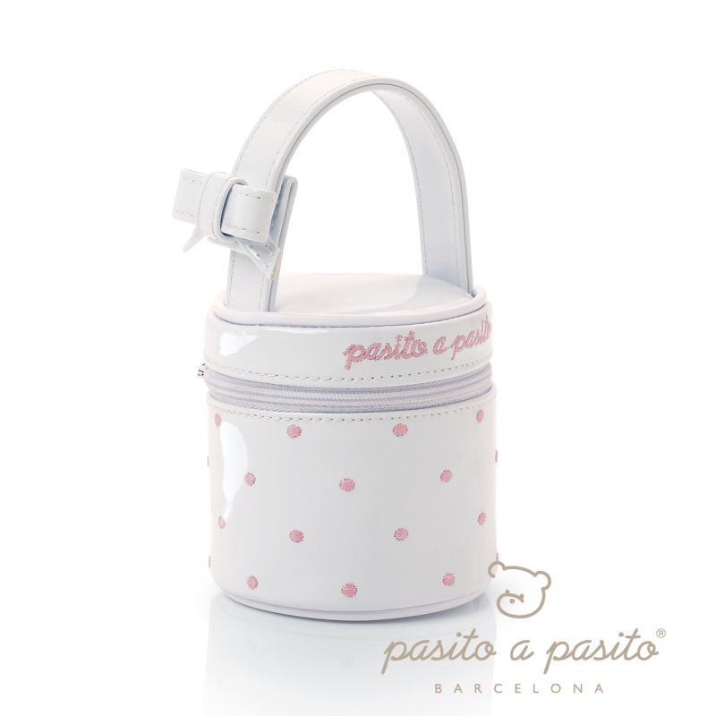 Housse de sucette éco-cuir verni blanc à pois rose Pasito a pasito