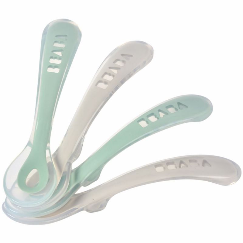 Lot de 4 cuillères 2ème âge en silicone gris et vert sauge Béaba