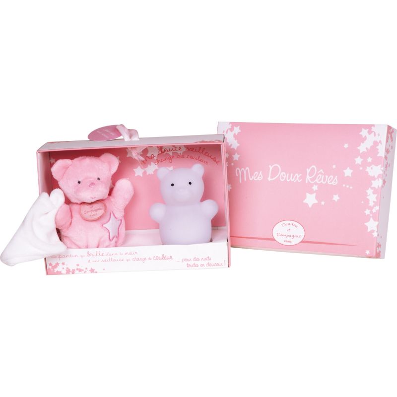 Coffret veilleuse et doudou photoluminescent rose Doudou et Compagnie
