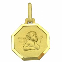 Médaille octogonale Ange de Raphaël 16 mm bord diamanté (or jaune 750°)  par Premiers Bijoux