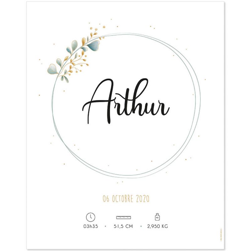 Affiche de naissance eucalyptus doré personnalisable (40 x 50 cm) Mes Mots Déco