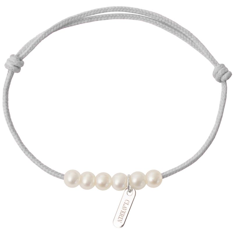 Bracelet bébé Baby little treasures cordon gris perle 6 perles blanches 3 mm (or blanc 750°) Claverin