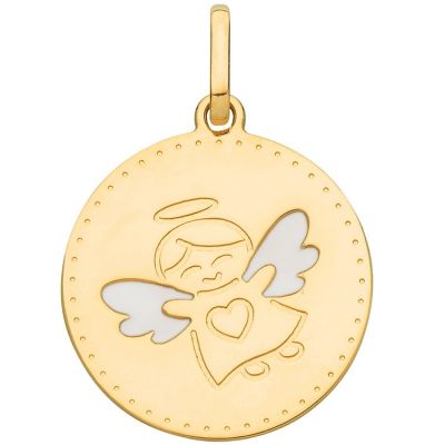 Médaille ronde Ange ailes et coeur 15 mm (or jaune 750°) Berceau magique bijoux