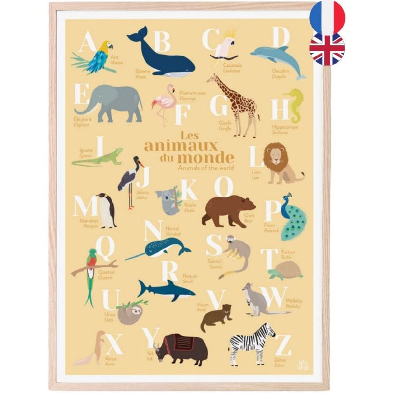 Abécédaire des animaux du monde bilingue fond jaune (A3)  Papier curieux