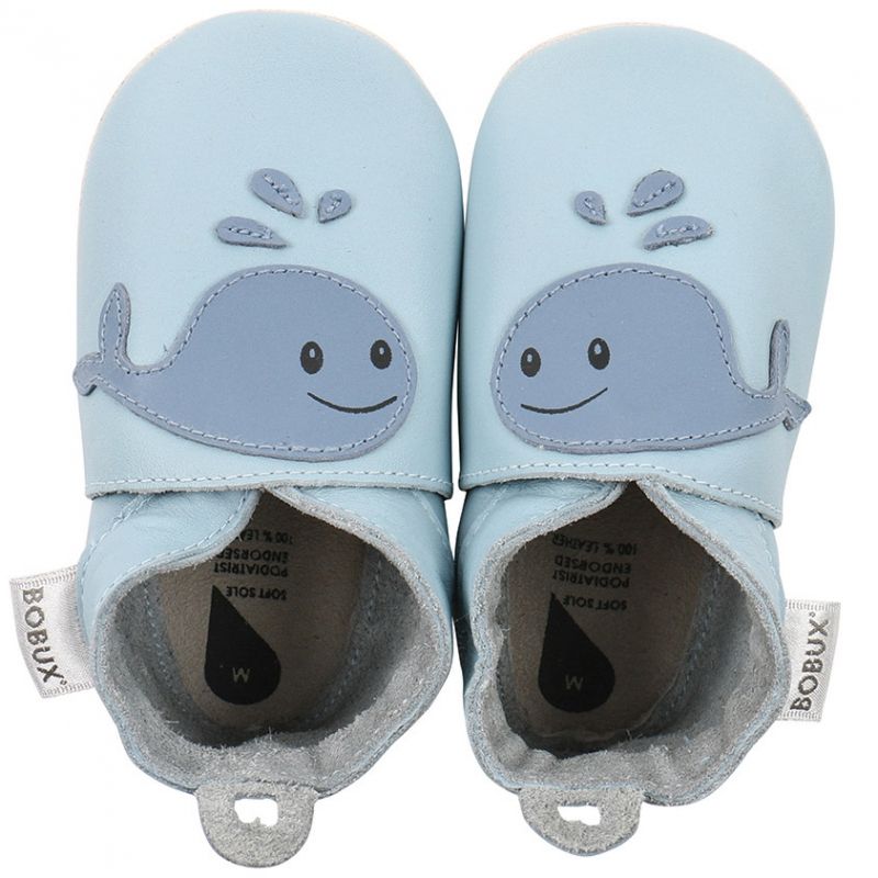 Chaussons bébé en cuir Soft soles Baleine bleus  (3-9 mois) Bobux