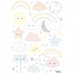 Planche de stickers A3 nuages,étoiles et arc-en-ciel rieurs