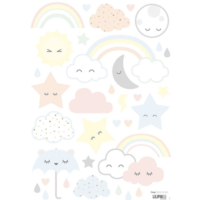 Planche de stickers A3 nuages,étoiles et arc-en-ciel rieurs Lilipinso