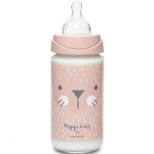 Biberon en verre Hygge Baby moustaches lapin rose (240 ml)  par Suavinex