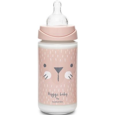 Biberon en verre Hygge Baby moustaches lapin rose (240 ml)  par Suavinex