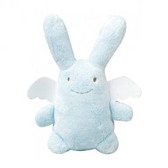 Hochet Ange lapin bleu ciel et pochette de rangement en coton (20 cm)