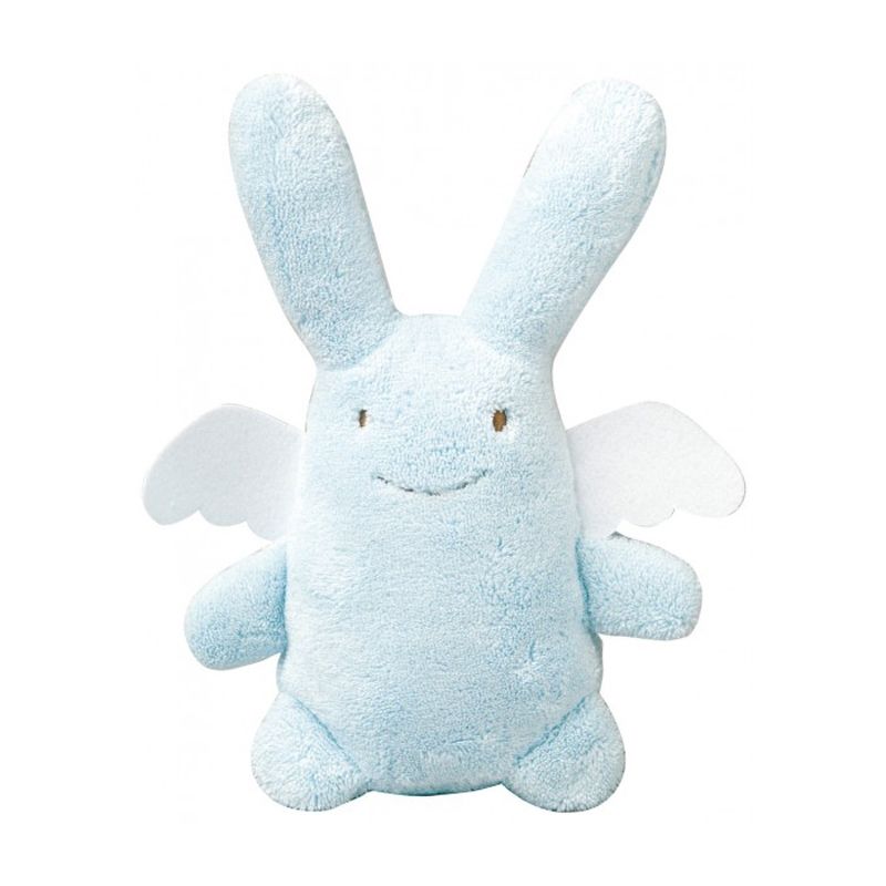 Hochet Ange lapin bleu ciel et pochette de rangement en coton (20 cm) Trousselier