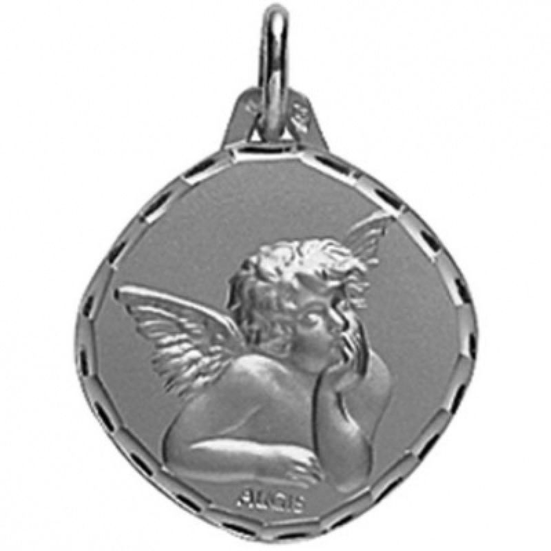 Médaille ronde Ange de Raphaël 15 mm facettée (or blanc 750°) Maison Augis