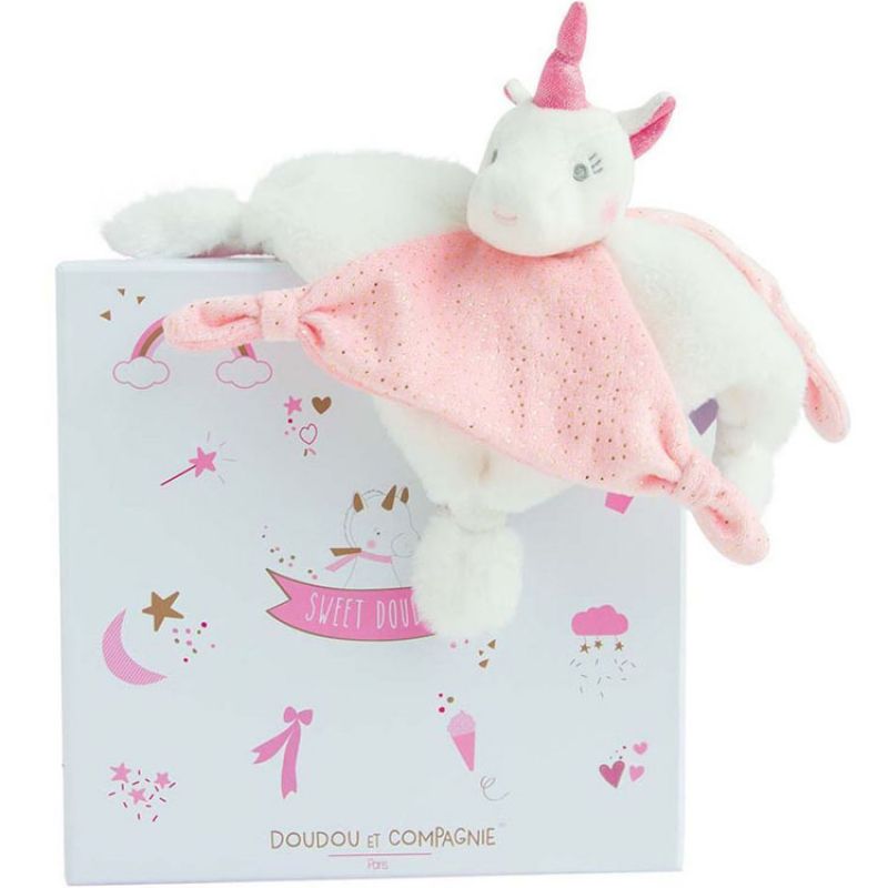 Coffret doudou plat licorne rose (22 cm) Doudou et Compagnie