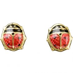 Boucles d'oreilles coccinelle émaillée rouge et noir (or jaune 375°) - Daniel Crégut