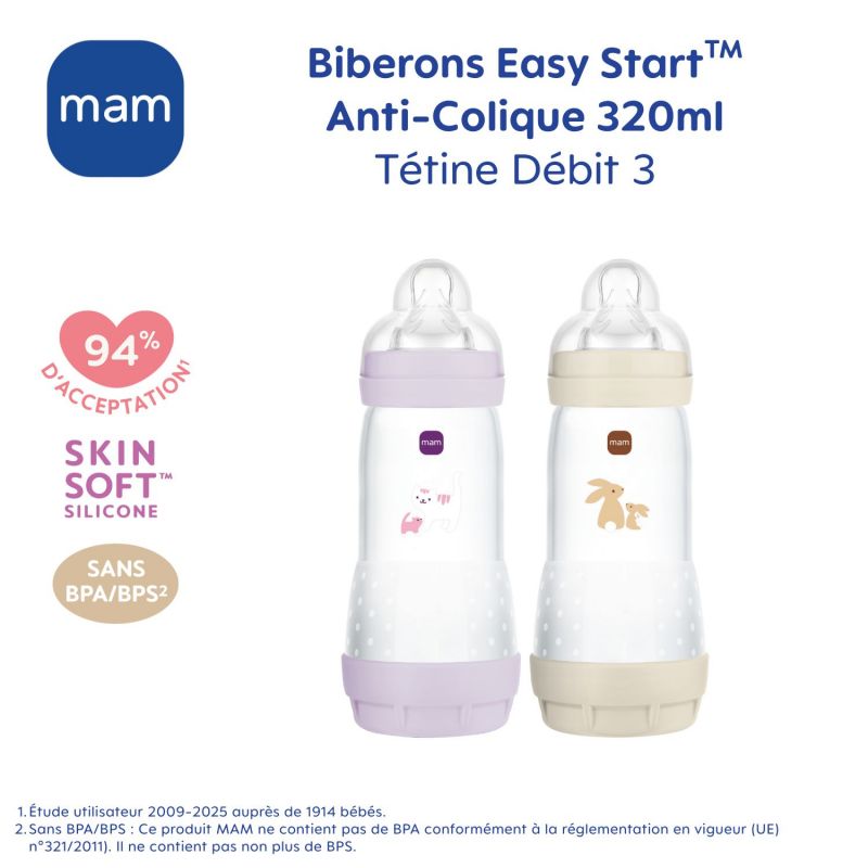 2 biberons Easy Start anti-colique 320ml Lilas+Sable Tétine débit 3 MAM Produit 7